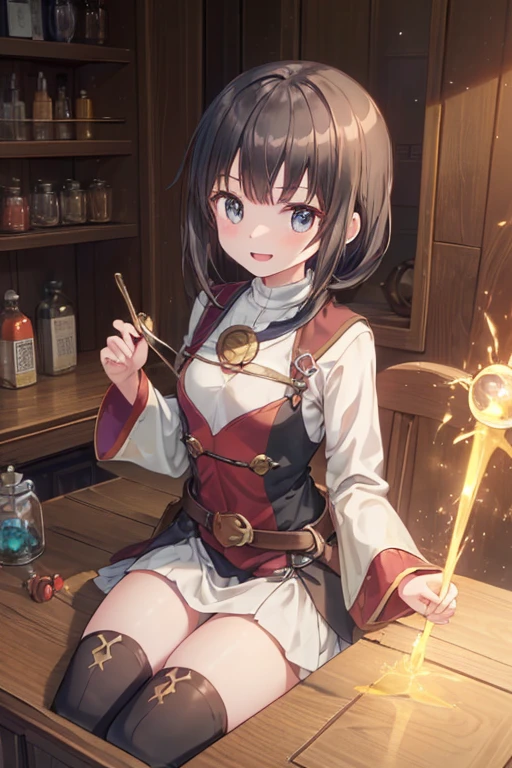 (fantasy:1.5),(anime,8k,masterpiece, top quality, best quality,beautiful and aesthetic:1.2,professional illustrasion:1.1,ultra detail:1.3,perfect lighting),extremely detailed,highest detailed,incredibly absurdres , highres, ultra detailed,intricate:1.6,(Alchemy Workshop:1.4),A girl mixing,Medicine in many small bottles,holding small potion,colorful:1.4,zentangle,(1girl),(girl),(Three kingdoms female warload),(highly detailed beautiful face and eyes,firm breasts),oily skin,((black,hair,short bob with short pony tail hair)),thin pubic hair,cute,lovely,34 years old,alchemist costume,Merchant's Clothing,smile,in the kitchen,smile,seductive weak smiling,(with sparkling eyes and a contagious smile),open mouth, Looking at Viewer,