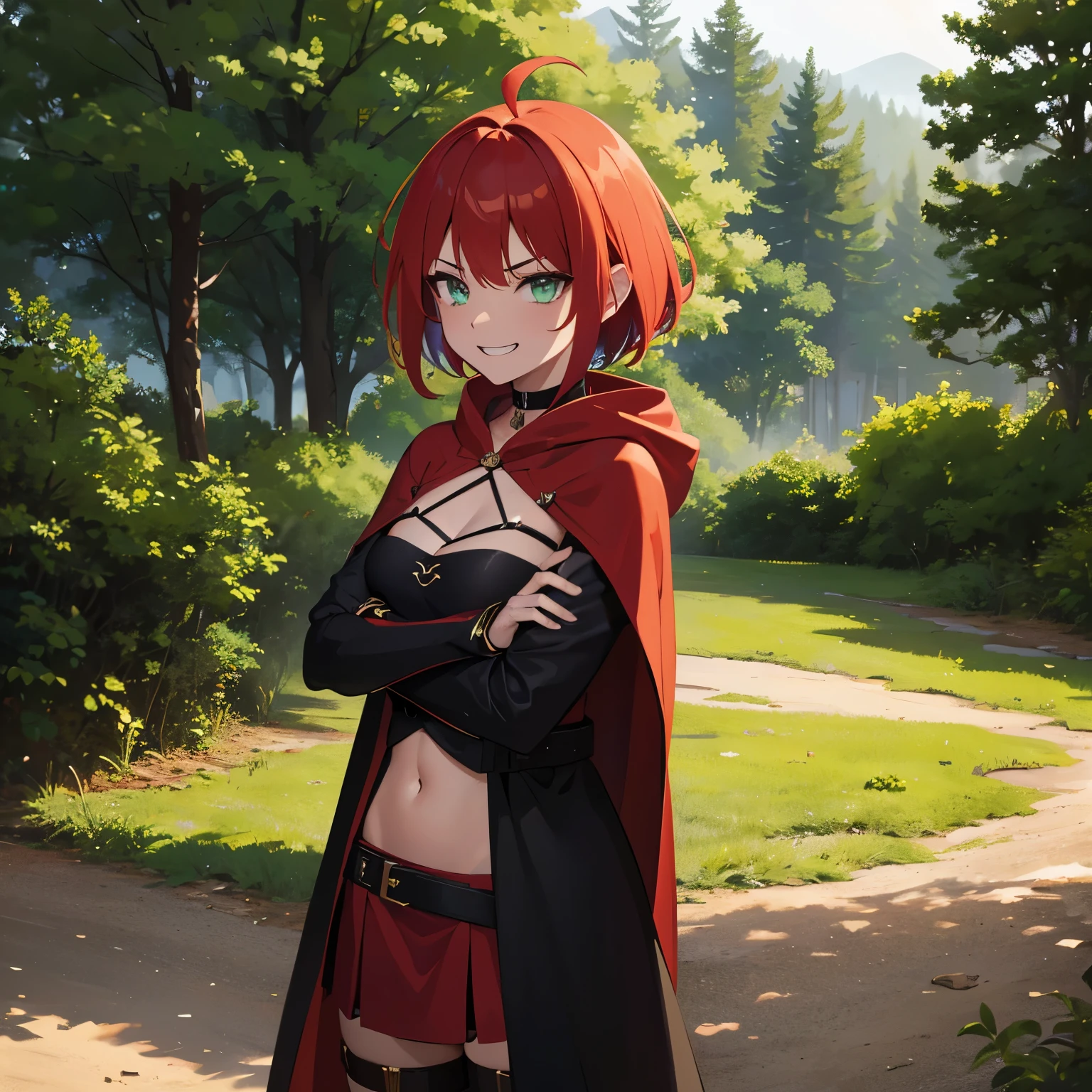 1girl,Skinny,breast small,standing,villain pose, scarlet red hair,hair scarlet red and crimson red hair, medium hair,ahoge,aqua eyes,green eyes,White skin,smug,happy,grin,tunic,hood, bikini armor, cape,thigh strap,boots, medieval armored boots,skirt,earclip,choker,fingerless gloves,leg belt,Forest Background,Medium Shot,Black,Green,Gray,Brown,forest,Leather Armor,Magic Robe,Man POV,Larissa, Demongirl, Amber eyes, Red Hair, Short, Hair, eyeliner, cuerpo completo, view from afar