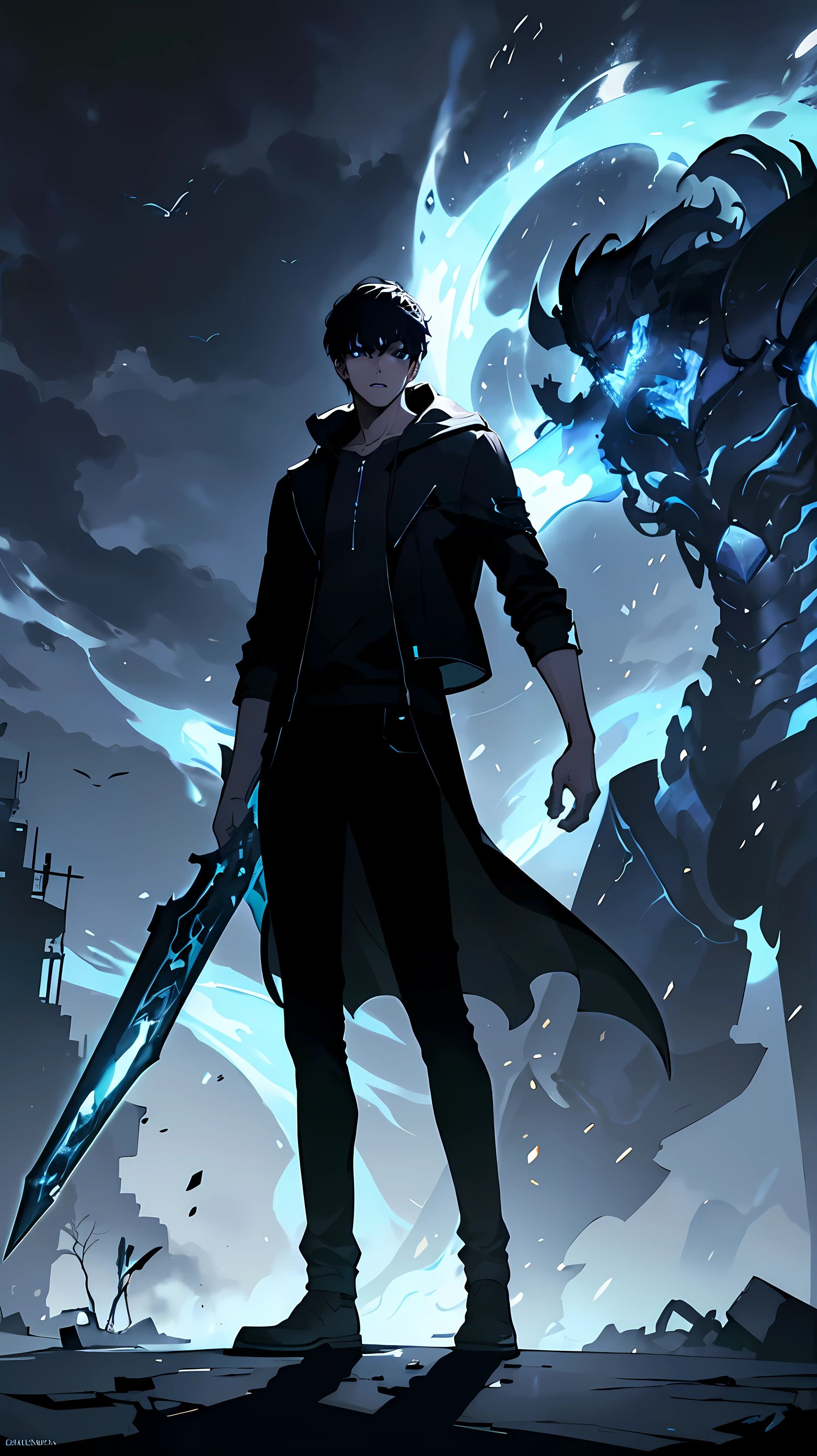 a young man in his twenties, cool pose, holding cyan spell in left hands, sparks around him, army of skeletons, destroyed city, detailed character, intricate details, 2d digital art, cinematic lighting, moody atmosphere, dark fantasy, high contrast, vibrant colors, 4k ,8k, masterpiece; Night Sky; Focus on details; Masterpiece; Fullbody; perfect face; bright eye;