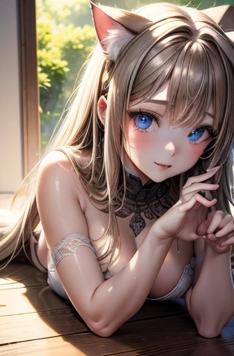 masterpiece, 最high quality, Very beautiful girl,((((A cat sits on the head of a girl lying face down)))),Close-up, Beautiful fine details, Beautifully detailed nose, Beautiful and detailed mouth, Very fine fur, Soft and fluffy, Adorable, Playful, Curious look, Long Hair Girl, (((girl looking at cat))), Intricate details, high quality, 8k, Realistic, masterpiece, Natural light, Warm tones