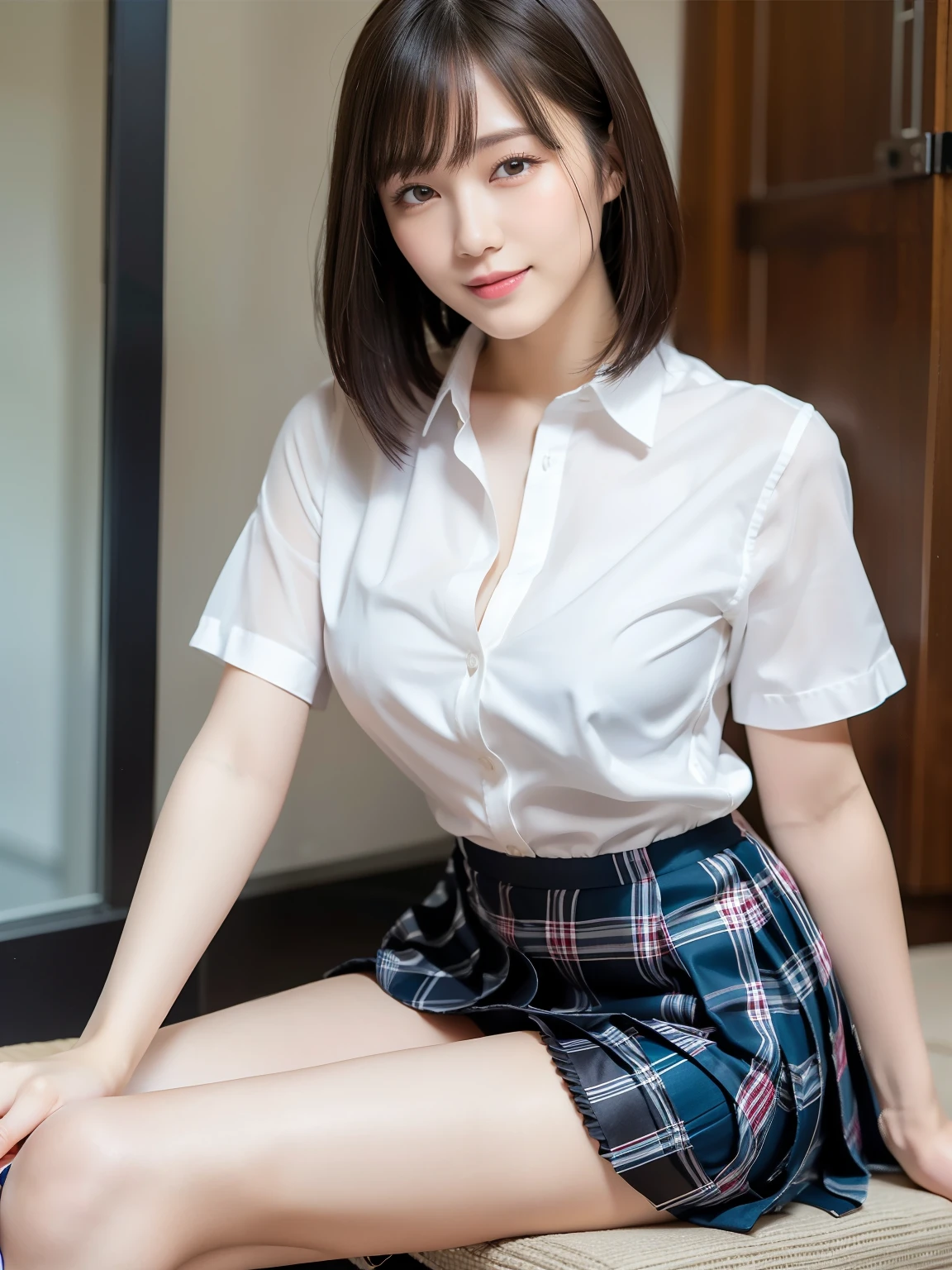 (Highest quality: 1.5), (Realistic: 1.5), (1 person: 1.5), Highly detailed, High resolution, 8k, slightly saggy medium breasts, Natural colored lips, Cute smile, Japanese woman, 20 year old girl, beautiful and graceful features, perfect and beautiful face, balanced big eyes, brunette eyes, beautiful and graceful features, natural double eyelids, natural bangs, beautiful thin nose, beautiful skin, medium bob hair , natural bangs , perfect and beautiful face, slim face and figure, blue summer sky, socks, (looking at the camera with a sweet smile), bright lighting, professional lighting, forward lighting, beautiful legs: 1.2, smooth skin, slender body, slim waistline, slim thin thighs, cleavage, detailed clothes, (short sleeve dress shirt:1.5), (Pleated skirt:1.5), plaid pleated micro mini skirt, short sleeve dress shirt, (unbuttoned shirt to show cleavage),  Beautiful breasts, beautiful cleavage, sexy pose, sexy see-through lingerie with dark color, (Sit with your legs apart:1.5), Erotic poses, (skirts flipped up to show sexy panties), sheer shirts, bras visible through shirts, unbuttoned shirts, (Panties are visible), upskirts, bras are visible,