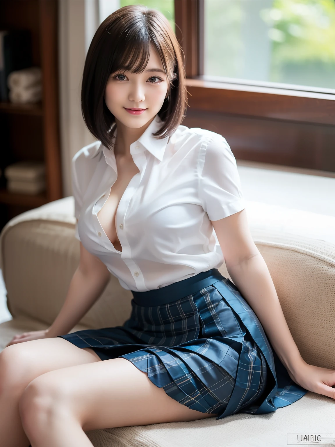 (Highest quality: 1.5), (Realistic: 1.5), (1 person: 1.5), Highly detailed, High resolution, 8k, slightly saggy medium breasts, Natural colored lips, Cute smile, Japanese woman, 20 year old girl, beautiful and graceful features, perfect and beautiful face, balanced big eyes, brunette eyes, beautiful and graceful features, natural double eyelids, natural bangs, beautiful thin nose, beautiful skin, medium bob hair , natural bangs , perfect and beautiful face, slim face and figure, blue summer sky, socks, (looking at the camera with a sweet smile), bright lighting, professional lighting, forward lighting, beautiful legs: 1.2, smooth skin, slender body, slim waistline, slim thin thighs, cleavage, detailed clothes, ((Wear a shirt with the front button open)), ((Pleated micro mini skirt)), plaid pleated micro mini skirt, (wear a bra with lace), Beautiful breasts, beautiful cleavage, (bra visible through white shirt), Sitting on a luxury bed, Bedroom with large windows, lingerie with lace,