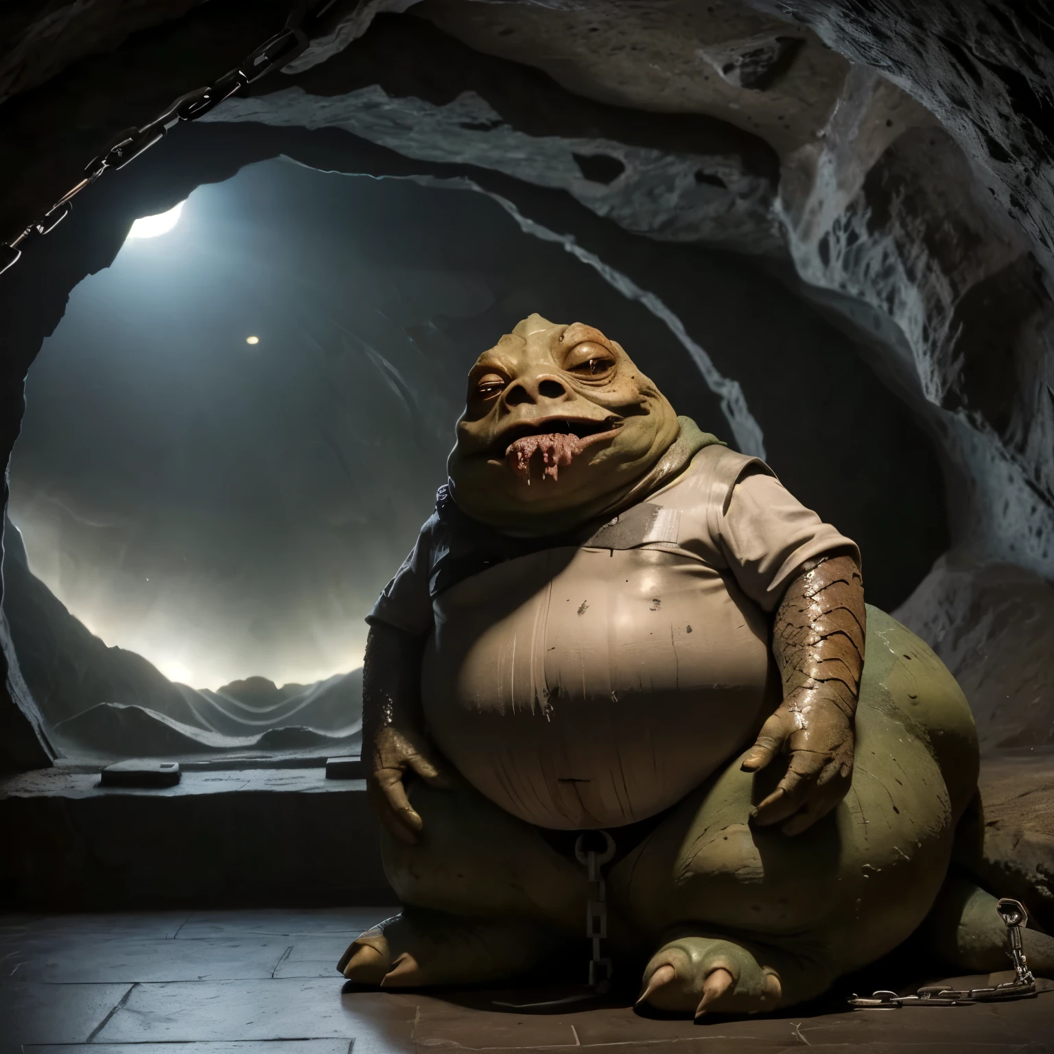  A fat male jabba, fat, brown-green body, large red snake eyes, saliva dripping down his chin, standing sideways by a stone pedestal in a crowded stone cave, chains hanging on the walls, a window carved into the rock in the background, the atmosphere of the "Star Wars" movies dark, smokey atmosphere. camera from the side.