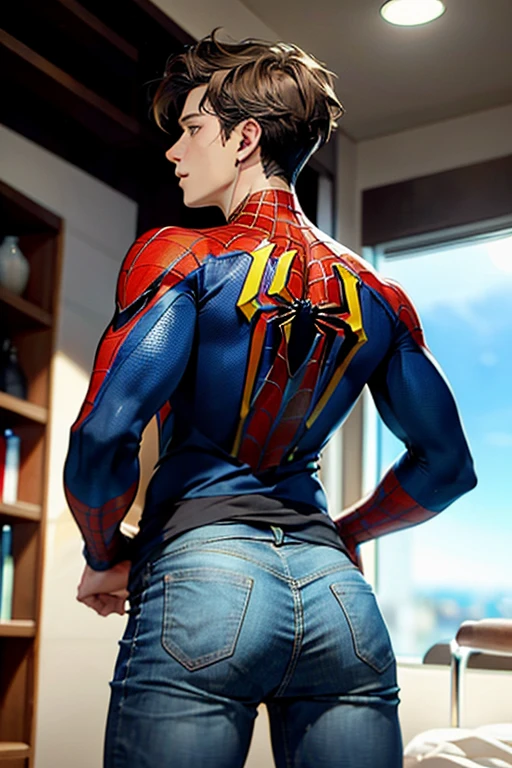a beautiful ((young man)) spider man, 18 years old, ideal build, round soft buttocks, lies with his back up, arched in the lower back, raised his hips, revealing a beautiful perfect butt with round buttocks