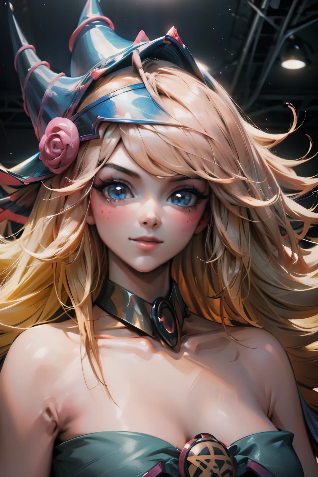 Hermoso rostro de dark magician gils, ojos azules. Labios rosados. Cabello rubio y largo. Ombros descubiertos, sonrisa angelical, hermoso rostro bien detallados de dark magician gils. Nude. Hot. Sexy. Nude