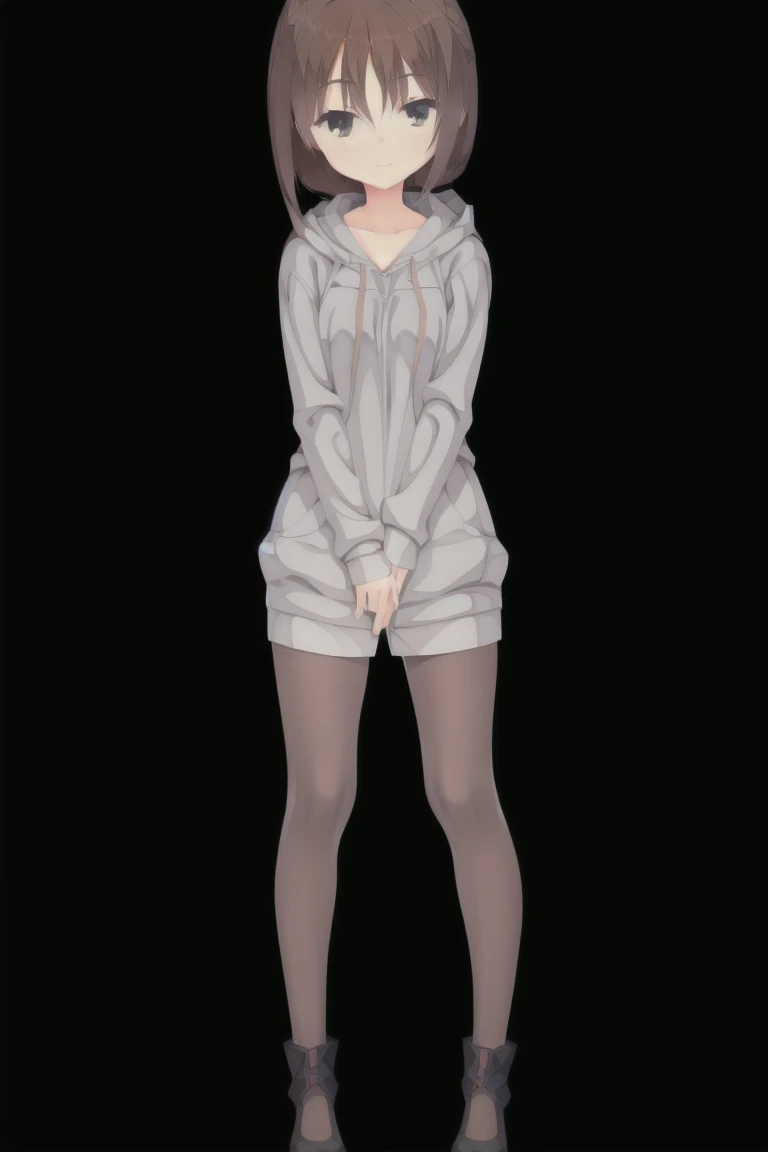 1girl,solo,smiling, woman, brown hair, medium hair, over silhouette hoodie, Grey hoodie, small breast, full body, Character portrait, whole body, expensive_solve, clear_image, expensive_Contrast, 8k, Sparkling, beautiful_detailed_face_and_eye, (Brown Hair:1.25), 白 eye,Black background