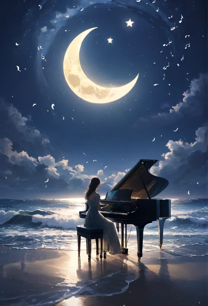 Woman playing piano on the beach at night、moonlight、Crescent Moon、Wave、dress、water splash,looking up, Music notes dancing in the sky, (best quarity,ultra detailed,ultra-high-resolution, absolutely resolution,8k, masterpiece),