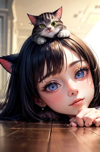 masterpiece, 最high quality, Very beautiful girl,((((A cat sits on the head of a girl lying face down)))),Close-up, Beautiful fine details, Beautifully detailed nose, Beautiful and detailed mouth, Very fine fur, Soft and fluffy, Adorable, Playful, Curious look, Long Hair Girl, (((girl looking at cat))), Intricate details, high quality, 8k, Realistic, masterpiece, Natural light, Warm tones