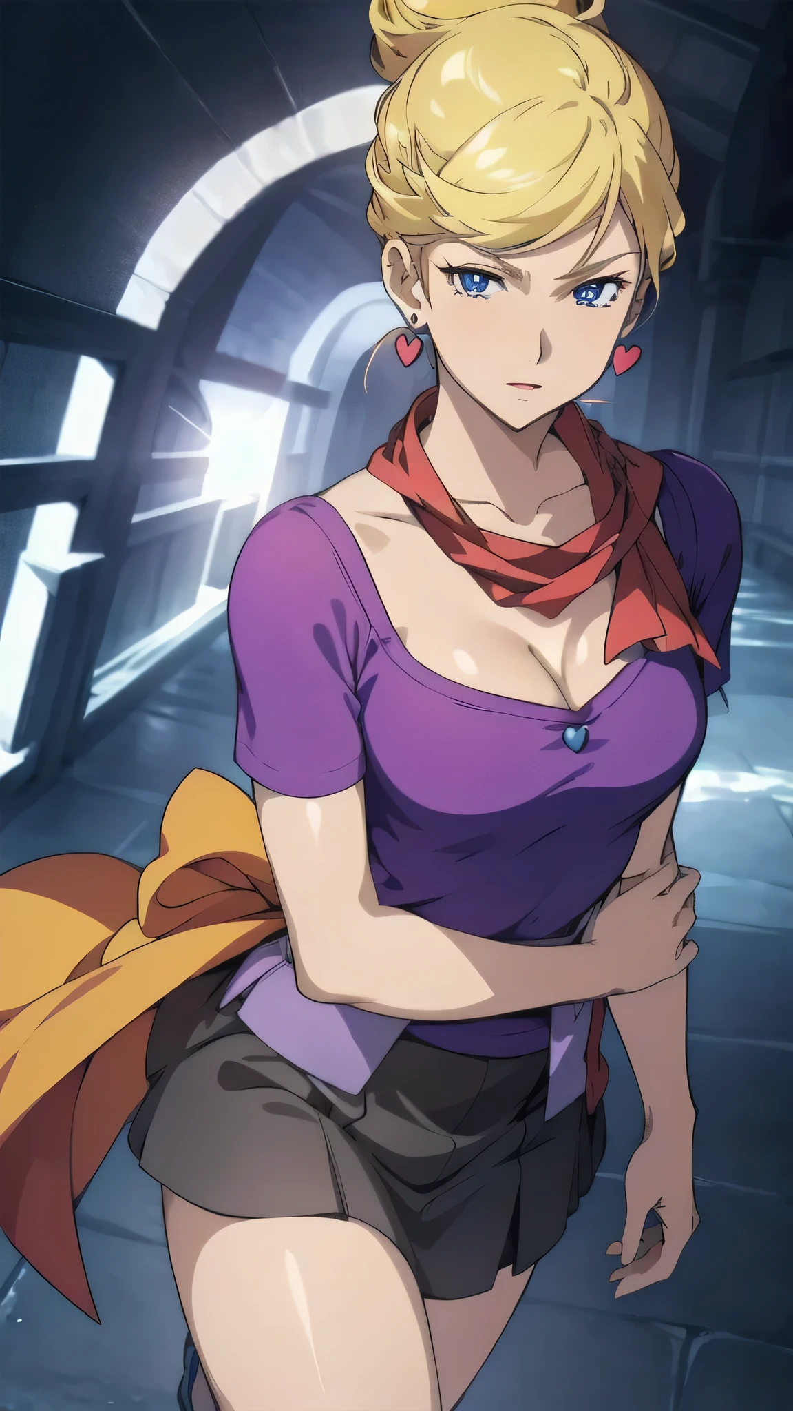 Crowley hanon,(day:1.7), in front of a blue sky with clouds and a sun,
Standing at attention,
(Dressed,purple shirt,skirt , red scarf,collarbone, cleavage, 
heart shaped earring),
blonde hair,blue eyes,hair_bun,
looking at viewer, , break masterpiece ,8k unity wallpaper,anime key visual,highest quality, High resolution, unity 8k wallpaper, (shape:0.8),anime coloring,highly detailed face, detailed eyes,growing eyes,shiny skin,fine skin,white skin,dense skin,detailed hair,highly detailed legs,perfect lighting, Detailed CG, (perfect hands, perfect anatomy),High resolution,