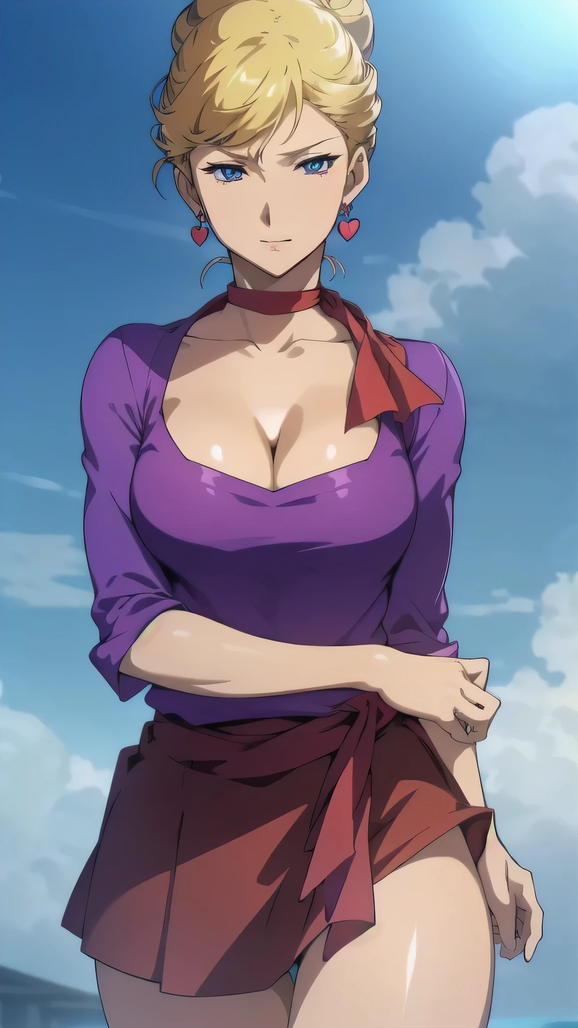 Crowley hanon,(day:1.7), in front of a blue sky with clouds and a sun,
Standing at attention,
(Dressed,purple shirt,skirt , red scarf,collarbone, cleavage,
heart shaped earring),
blonde hair,blue eyes,hair_bun,
looking at viewer, , break masterpiece ,8k unity wallpaper,anime key visual,highest quality, High resolution, unity 8k wallpaper, (shape:0.8),anime coloring,highly detailed face, detailed eyes,growing eyes,shiny skin,fine skin,white skin,dense skin,detailed hair,highly detailed legs,perfect lighting, Detailed CG, (perfect hands, perfect anatomy),High resolution,