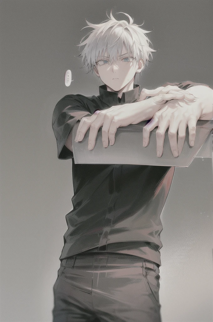masterpiece, best quality, 1boy, spiky hair, medium length hair, determined expression, black shirt, white background, looking at viewer, speech bubble, solo, manga style, simple background