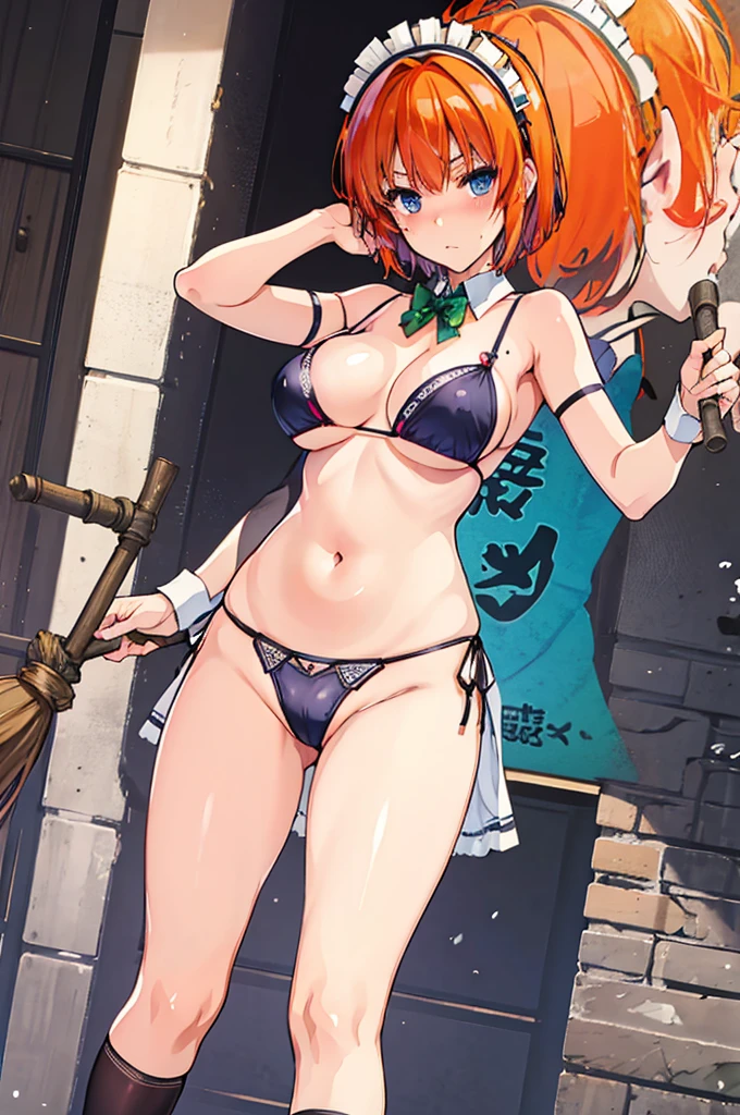 best quality,high quality,masterpiece,solo,(((lingerie maid))),(orange hair),Nakano Yotsuha,short hair,dark blue eyes,green hairband,green bowtie,standing,grab broom,((black string bikini)),embarrassed,blush,delicate skin,large breasts,seductive thighs,white knee socks,at outside garden,belly button,skin glow,sensitive,see through breasts,