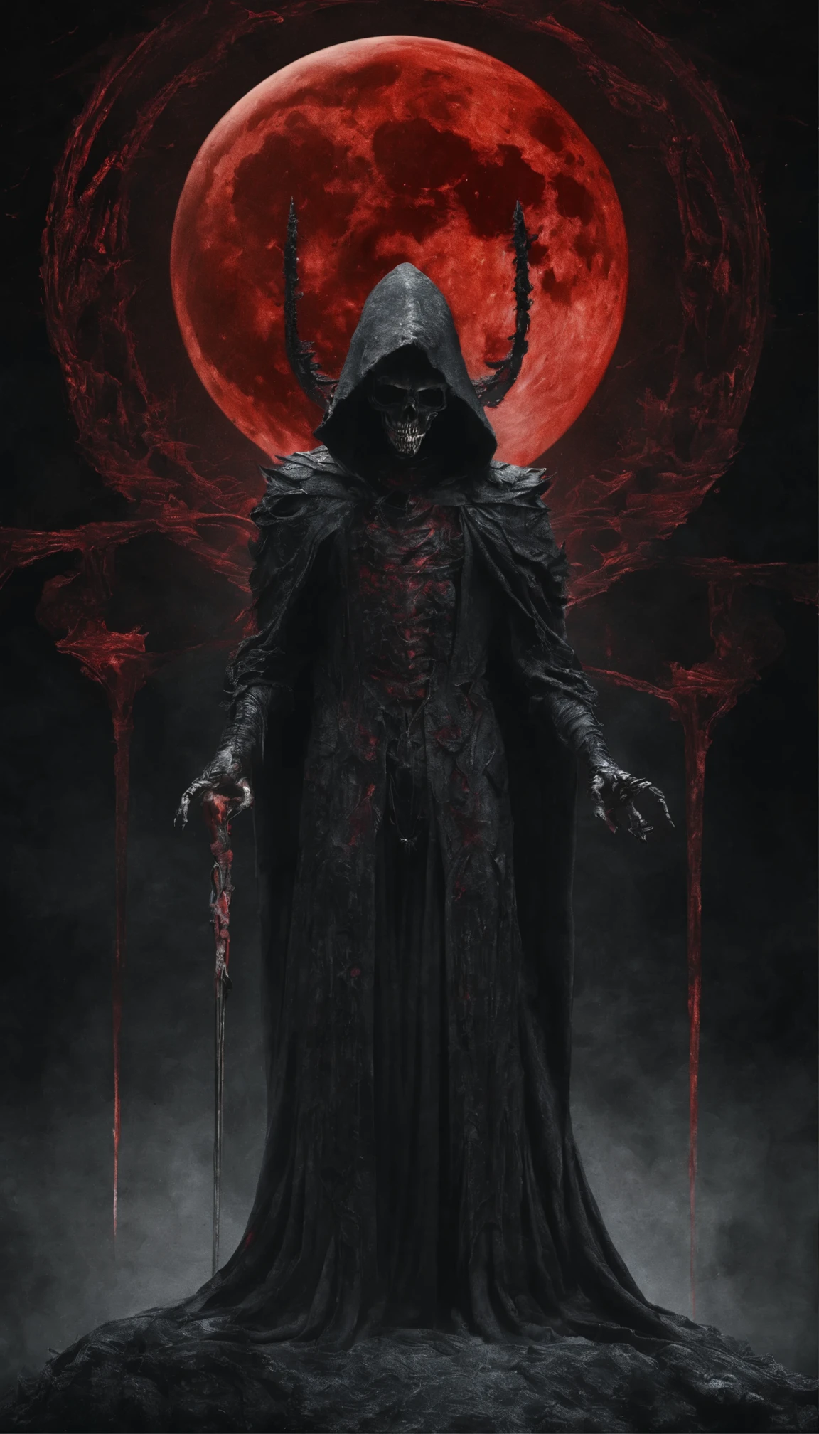 A mesmerizing masterpiece illuminated by the eerie neon glow of the Blood Moon.、Introducing the Red Necromancer, meticulously rendered in 8K Ultra HD。Ray tracing is、It highlights the intricate details of the robe, adorned with subtle particle effects that shimmer under soft atmospheric lighting.。The necromancer himself、Very detailed、With an almost surreal anatomical structure、It exudes a sinister charm、Its eyes glow like embers in the pale light of the blood moon.。Best quality and sharpest images、The sharp, shadowy edges of his crimson robes、This is evident in the sharp edges of the skeletal staff.