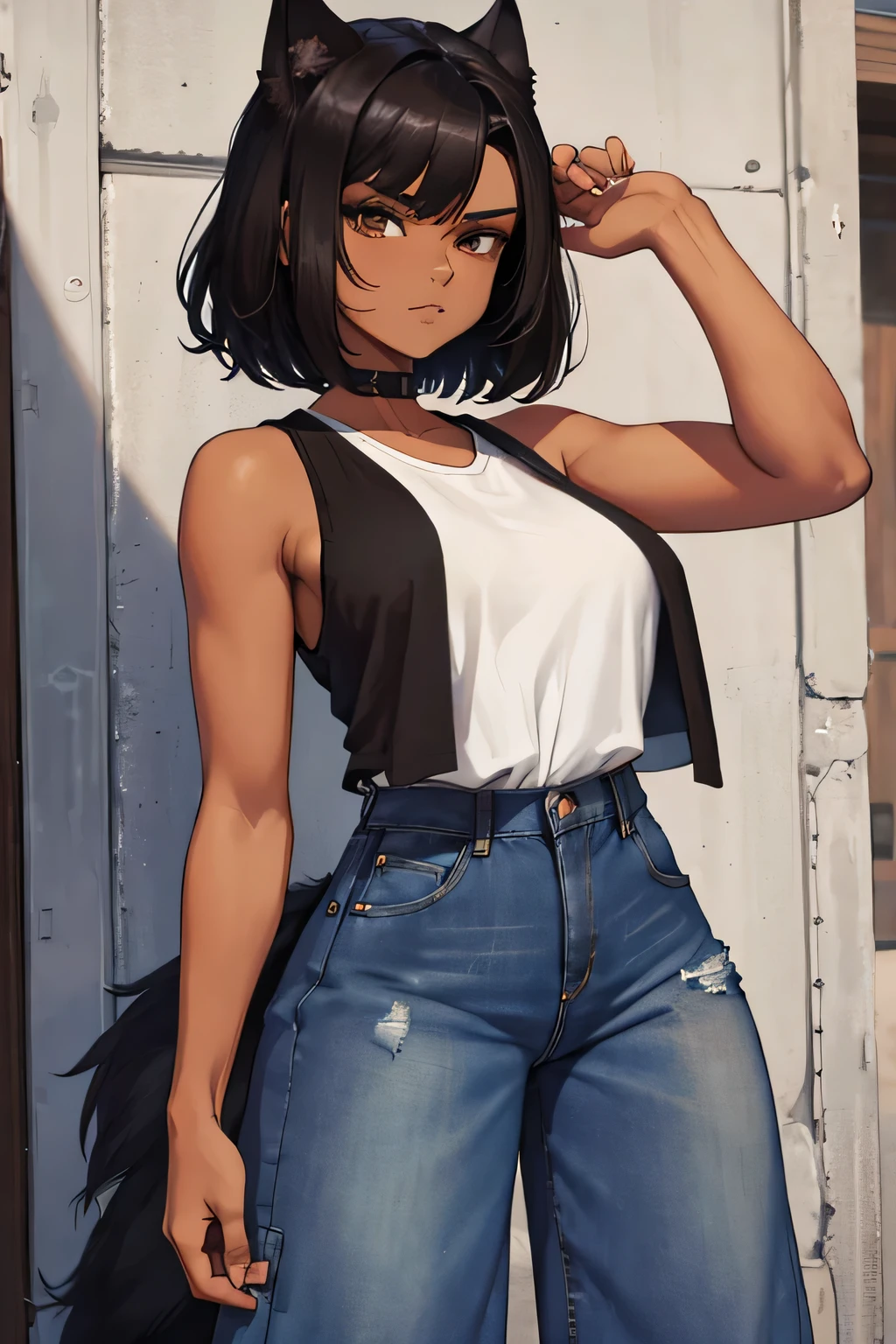 (3/4 portrait) (dark brown skinned teenage girl), very sharp eyes (black sharp eyes), black medium hair (long layered wolf cut hairstyle), white sleeveless shirt (loose fit), black karate gloves, very baggy pants (blue jean baggy pants, wide leg jean pants)