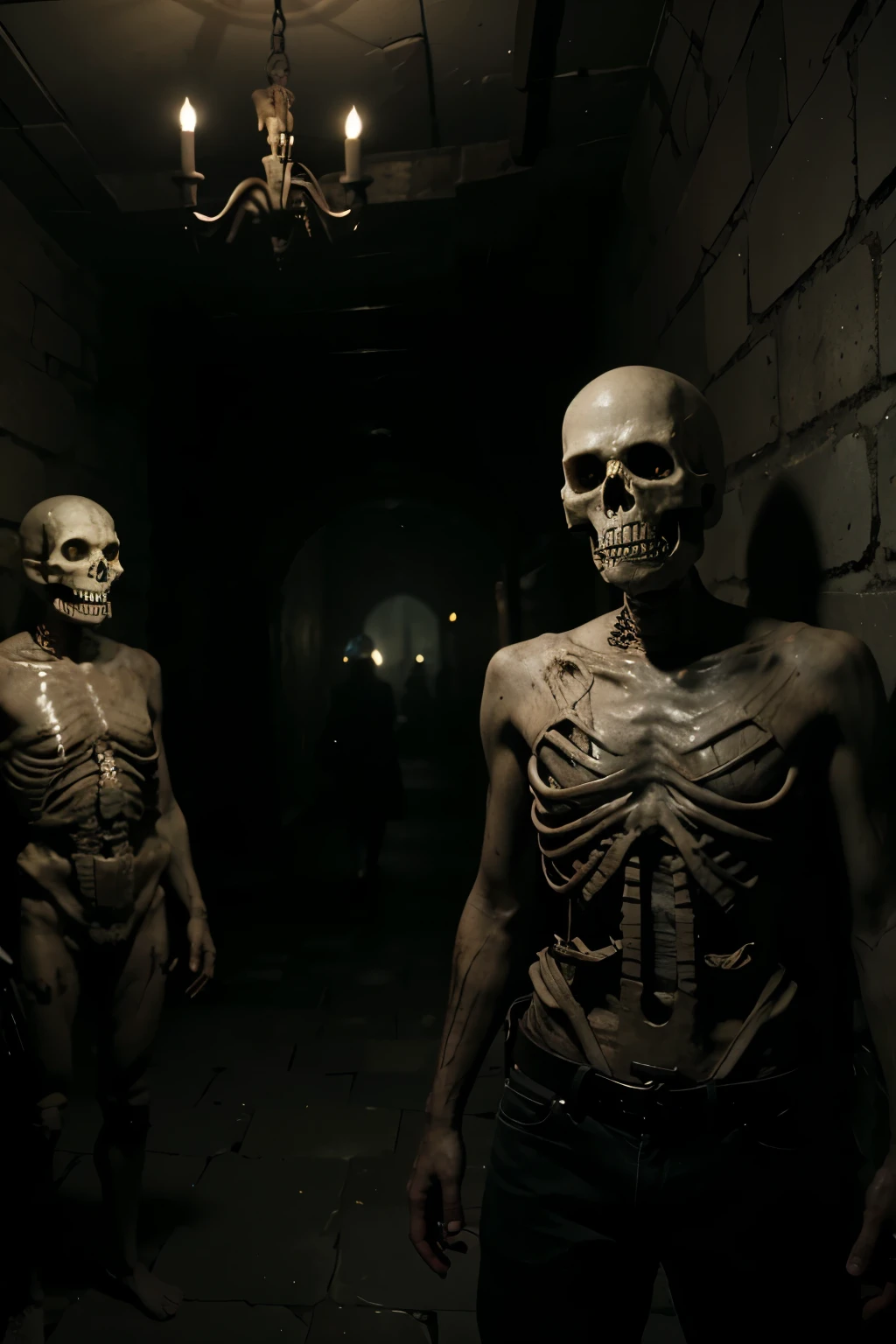 horror game, invisible enemy, dungeon, skulls, skeletons, dark, spooky