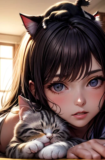 masterpiece, 最high quality, Very beautiful girl,((((A cat sits on the head of a girl lying face down)))),Close-up, Beautiful fine details, Beautifully detailed nose, Beautiful and detailed mouth, Very fine fur, Soft and fluffy, Adorable, Playful, Curious look, Long Hair Girl, (((girl looking at cat))), Intricate details, high quality, 8k, Realistic, masterpiece, Natural light, Warm tones