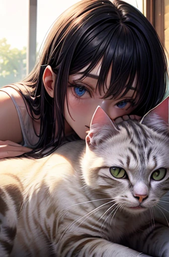 masterpiece, 最high quality, Very beautiful girl,((((A cat sits on the head of a girl lying face down)))),Close-up, Beautiful fine details, Beautifully detailed nose, Beautiful and detailed mouth, Very fine fur, Soft and fluffy, Adorable, Playful, Curious look, Long Hair Girl, (((girl looking at cat))), Intricate details, high quality, 8k, Realistic, masterpiece, Natural light, Warm tones