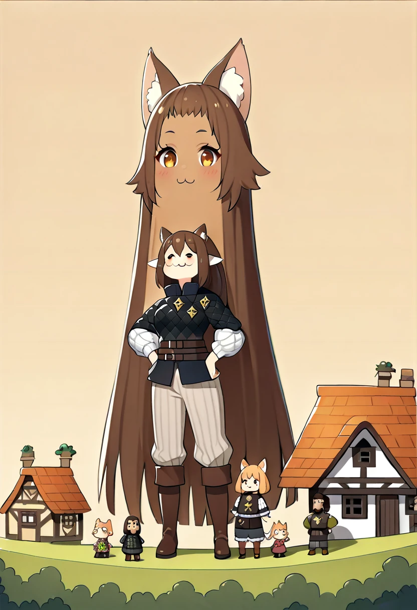 (brown skinned giantess), (catgirl), :3, gambeson, poor clothing, adventurer clothing , fluffy ears, (2girls:1.5), (height_difference:1.8), (size_difference:1.1), (tiny village in front of the closeup boots of a giantess), a tiny woman below the breasts of a giantess, forest background, simple background, (miniature woman in tiny village: 1.1), (tiny village: 1.5), super cute girl, (very tall: 1.1), (closeup breasts and face)