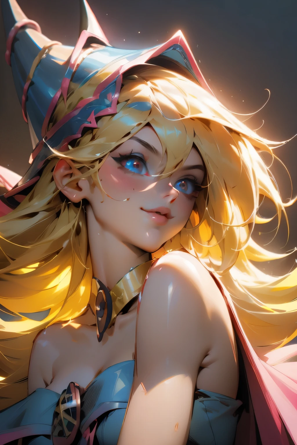 Hermoso rostro de dark magician gils, ojos azules. Labios rosados. Cabello rubio y largo. Ombros descubiertos, sonrisa angelical, hermoso rostro bien detallados de dark magician gils. Nude. Hot. Sexy. Nude