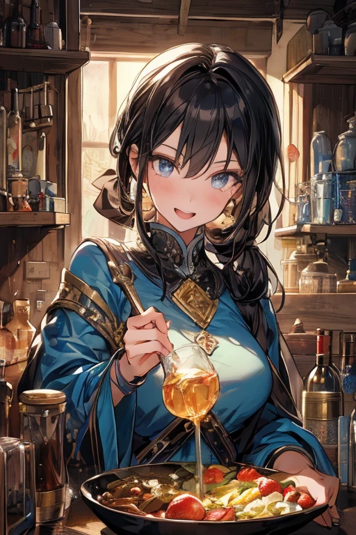 (fantasy:1.5),(anime,8k,masterpiece, top quality, best quality,beautiful and aesthetic:1.2,professional illustrasion:1.1,ultra detail:1.3,perfect lighting),extremely detailed,highest detailed,incredibly absurdres , highres, ultra detailed,intricate:1.6,(Alchemy Workshop:1.4),A girl mixing,Medicine in many small bottles,holding small potion,colorful:1.4,zentangle,(1girl),(girl),(Three kingdoms female warload),(highly detailed beautiful face and eyes,firm breasts),oily skin,((black,hair,short bob with short pony tail hair)),thin pubic hair,cute,lovely,34 years old,alchemist costume,Merchant's Clothing,smile,in the kitchen,smile,seductive weak smiling,(with sparkling eyes and a contagious smile),open mouth, Looking at Viewer,