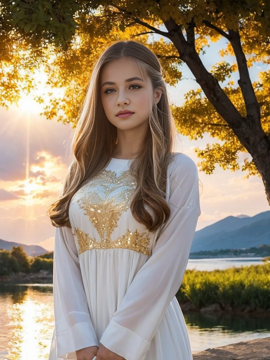 Leonor, 1 girl, serene expression, mesmerizing eyes, straight long hair, flowing dress, poised posture, porcelain skin, subtle blush, crystal pendant
BREAK
golden hour, (rim lighting):1.2, warm tones, sun flare, soft shadows, vibrant colors, painterly effect, dreamy atmosphere
BREAK
scenic lake, distant mountains, willow tree, calm water, reflection, sunlit clouds, peaceful ambiance, idyllic sunset, ultra detailed, official art, unity 8k wallpaper
, zentangle, mandala