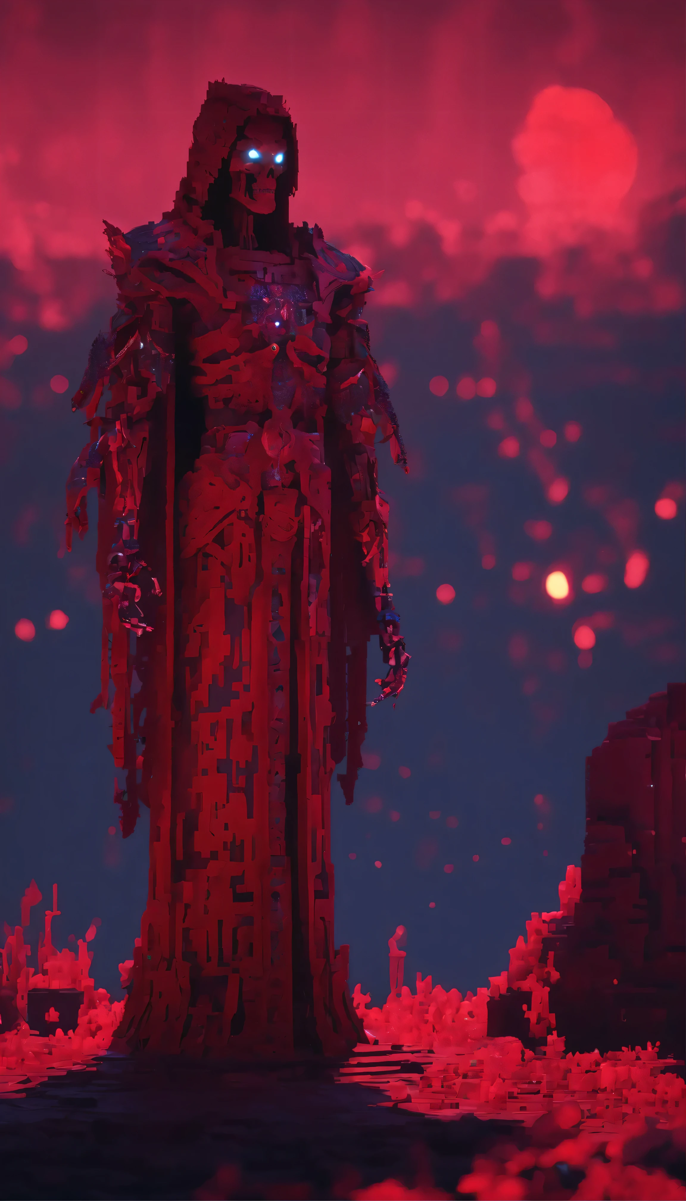A mesmerizing masterpiece illuminated by the eerie neon glow of the Blood Moon.、Introducing the Red Necromancer, meticulously rendered in 8K Ultra HD。Ray tracing is、It highlights the intricate details of the robe, adorned with subtle particle effects that shimmer under soft atmospheric lighting.。The necromancer himself、Very detailed、With an almost surreal anatomical structure、It exudes a sinister charm、Its eyes glow like embers in the pale light of the blood moon.。Best quality and sharpest images、The sharp, shadowy edges of his crimson robes、This is evident in the sharp edges of the skeletal staff.