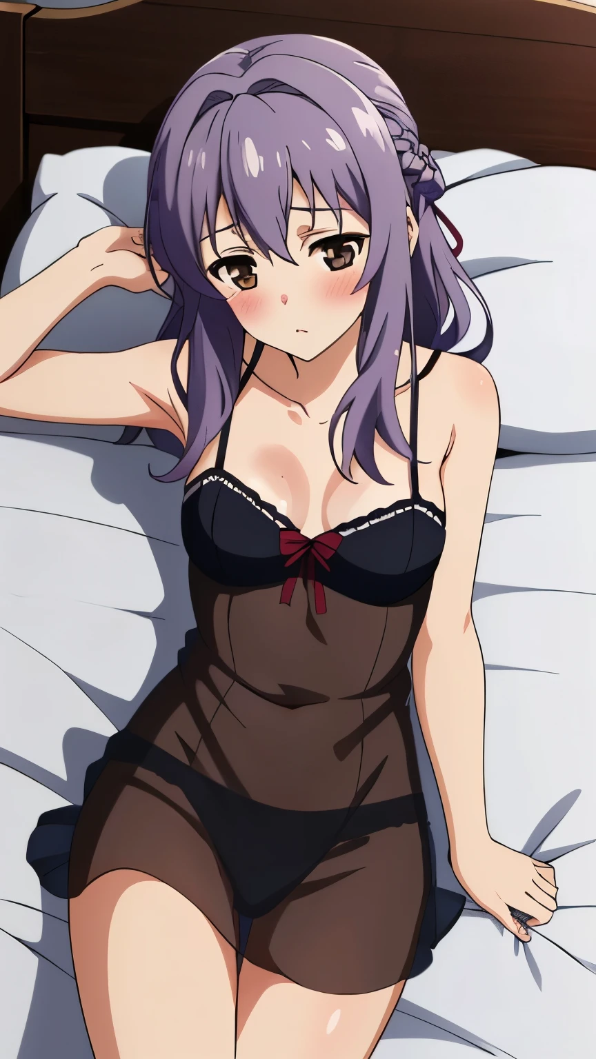 1girl, solo, masterpiece, best quality,
<lora:shizuku-mahouka:0.8>,
maid, maid headdress, frills, detached sleeves, mahouka koukou no rettousei, kitayama shizuku, shizuku kitayama, purple eyes, jitome, black hair, short hair, messy hair, short hair with long locks, sidelocks, detached collar, bikini, maid bikini, skindentation, apron, frilled apron, maid apron, collarbone, small breasts, navel,
upper body, lying, looking at viewer, on back, on bed,
blush, light smile,
bed sheet, pillow