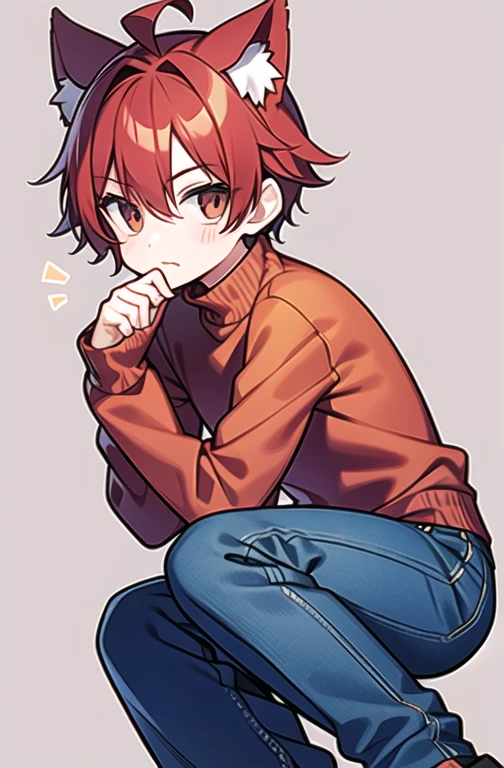 1boy red-haired cat ears brown sweater jeans