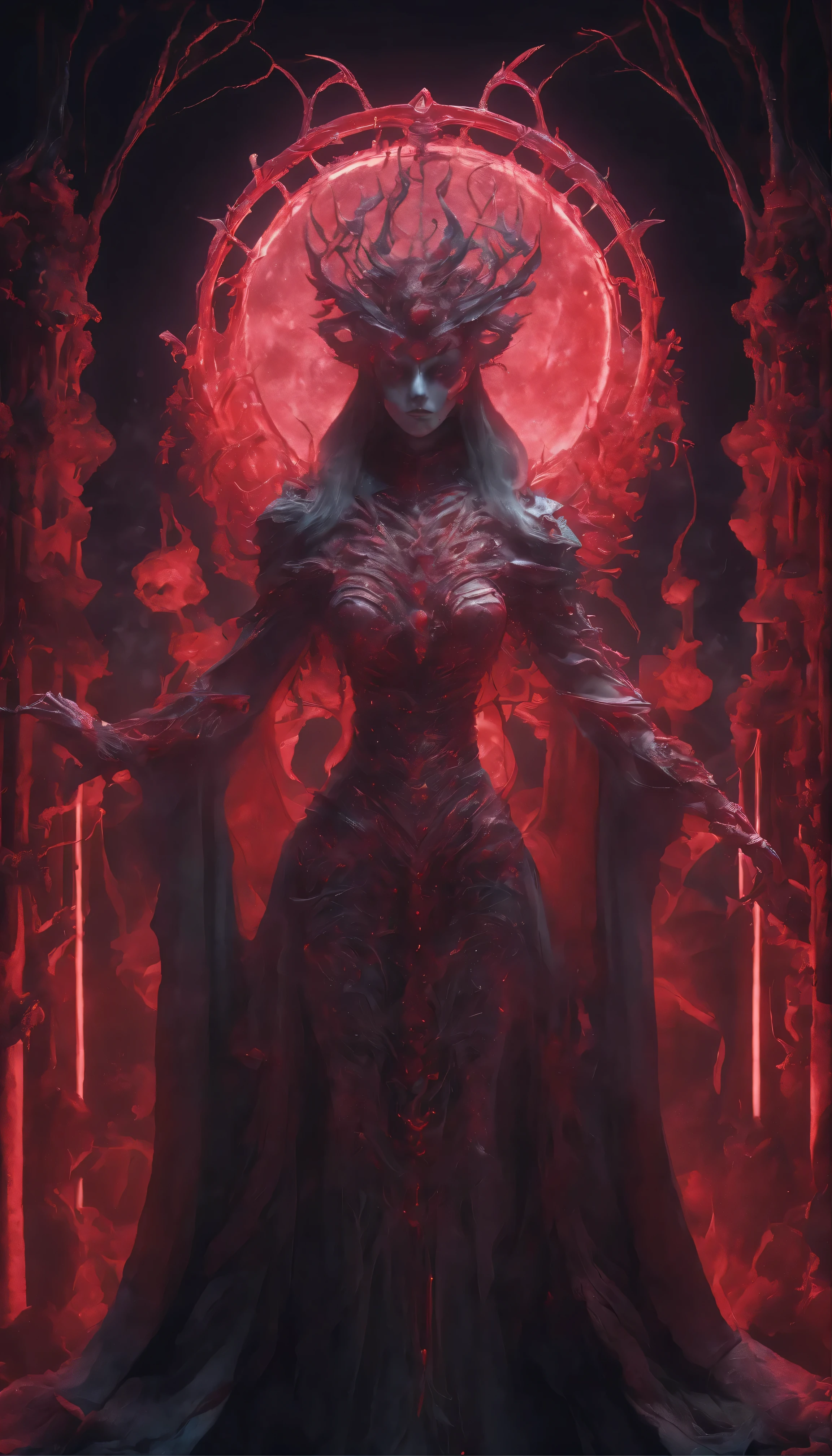 A mesmerizing masterpiece illuminated by the eerie neon glow of the Blood Moon.、Introducing the Red Necromancer, meticulously rendered in 8K Ultra HD。Ray tracing is、It highlights the intricate details of the robe, adorned with subtle particle effects that shimmer under soft atmospheric lighting.。The necromancer himself、Very detailed、With an almost surreal anatomical structure、It exudes a sinister charm、Its eyes glow like embers in the pale light of the blood moon.。Best quality and sharpest images、The sharp, shadowy edges of his crimson robes、This is evident in the sharp edges of the skeletal staff.