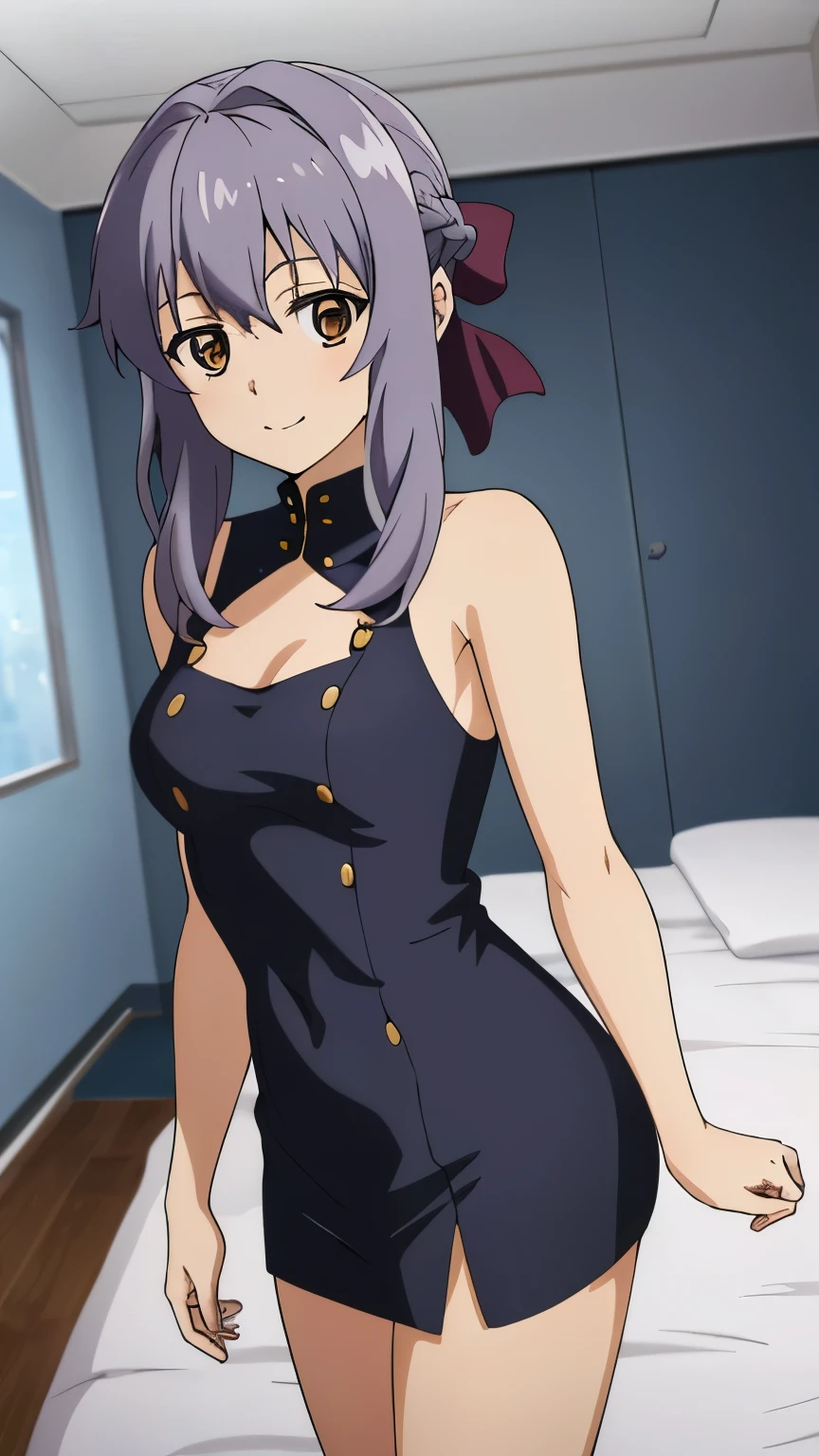 (masterpiece, best quality, high resolution, 8k),anime art style, Shinoa, 1 girl, dark brown eyes, medium breasts, smile, hair ribbon, (virgin killer outfit, room), alone, standing,dynamic Angle cowboy shot,