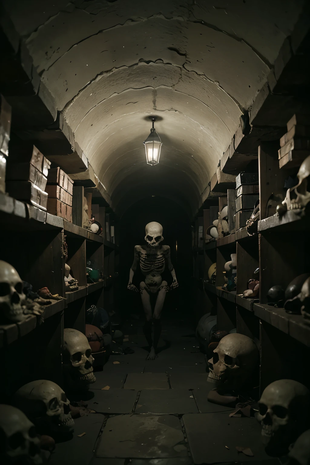 horror game, invisible enemy, dungeon, skulls, skeletons, dark, spooky, catacombs