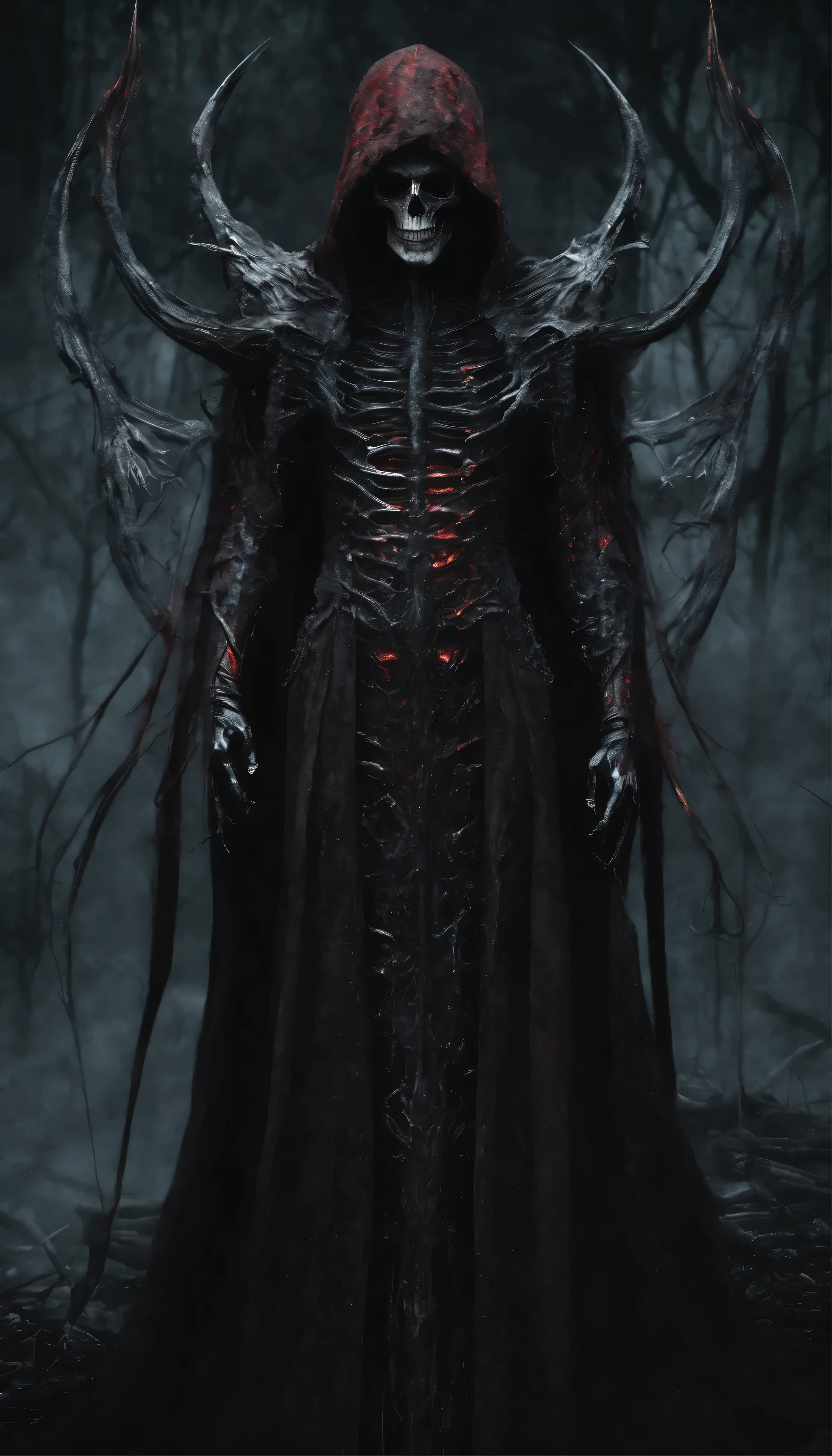 A mesmerizing masterpiece illuminated by the eerie neon glow of the Blood Moon.、Introducing the Red Necromancer, meticulously rendered in 8K Ultra HD。Ray tracing is、It highlights the intricate details of the robe, adorned with subtle particle effects that shimmer under soft atmospheric lighting.。The necromancer himself、Very detailed、With an almost surreal anatomical structure、It exudes a sinister charm、Its eyes glow like embers in the pale light of the blood moon.。Best quality and sharpest images、The sharp, shadowy edges of his crimson robes、This is evident in the sharp edges of the skeletal staff.