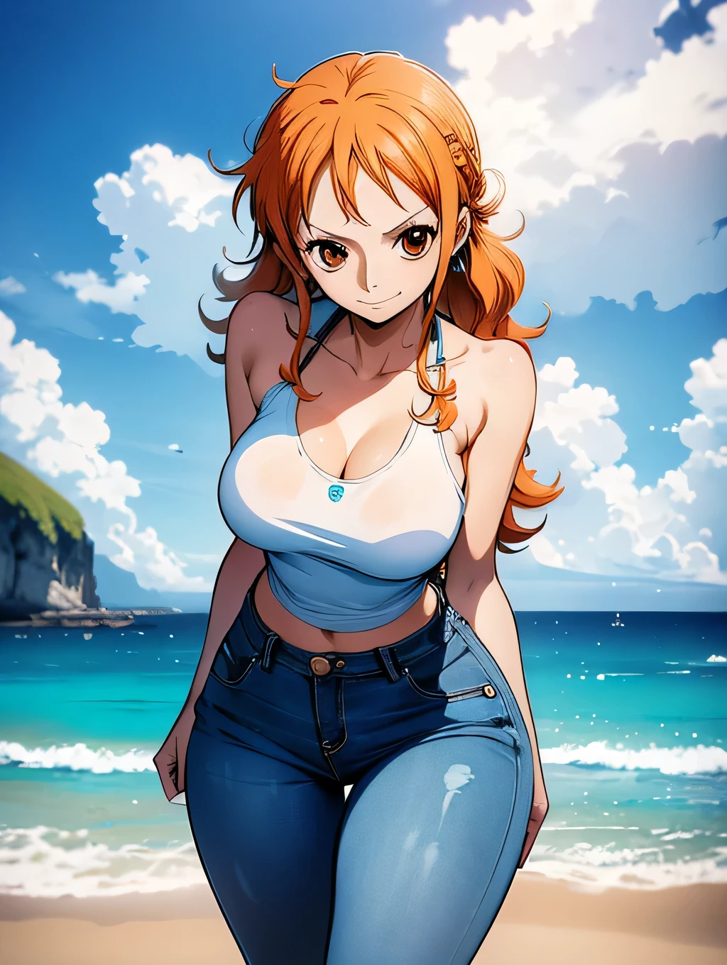 Nami alome, one piece, orange hair, beautiful brown eyes, ((wearing top and jeans)), sexy breasts, full body, (island and ocean background) (best quality, 4k, 8k, high resolution, artwork:1.2), ultra-detailed, Nami Face, eye nami