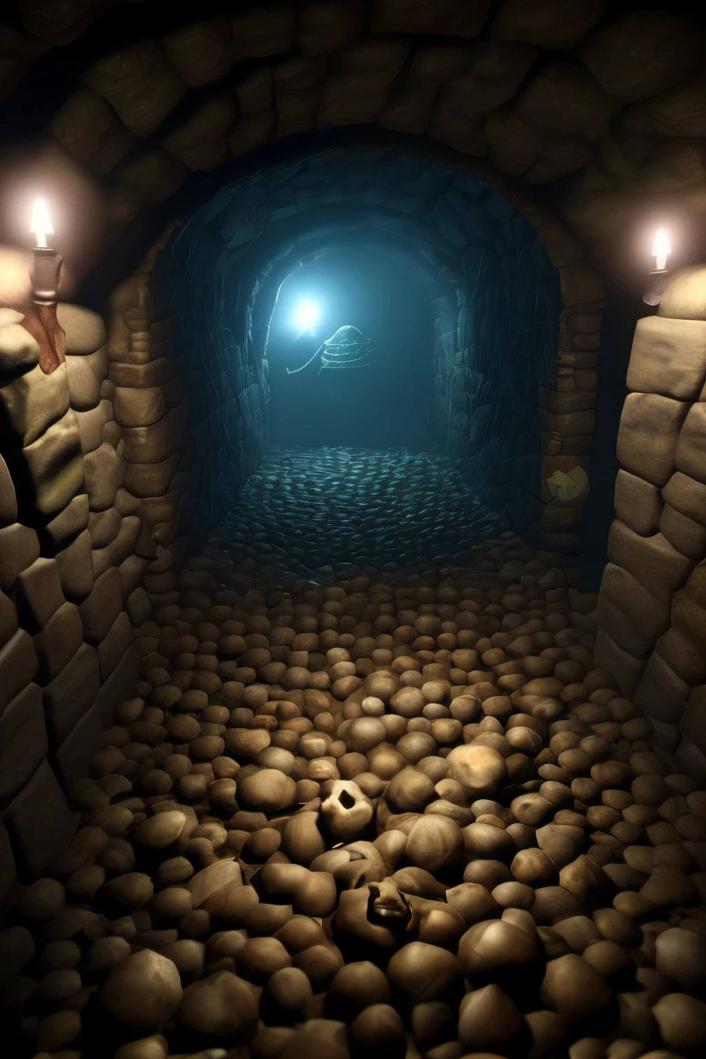 horror game, invisible enemy, dungeon, skulls, skeletons, dark, spooky, catacombs