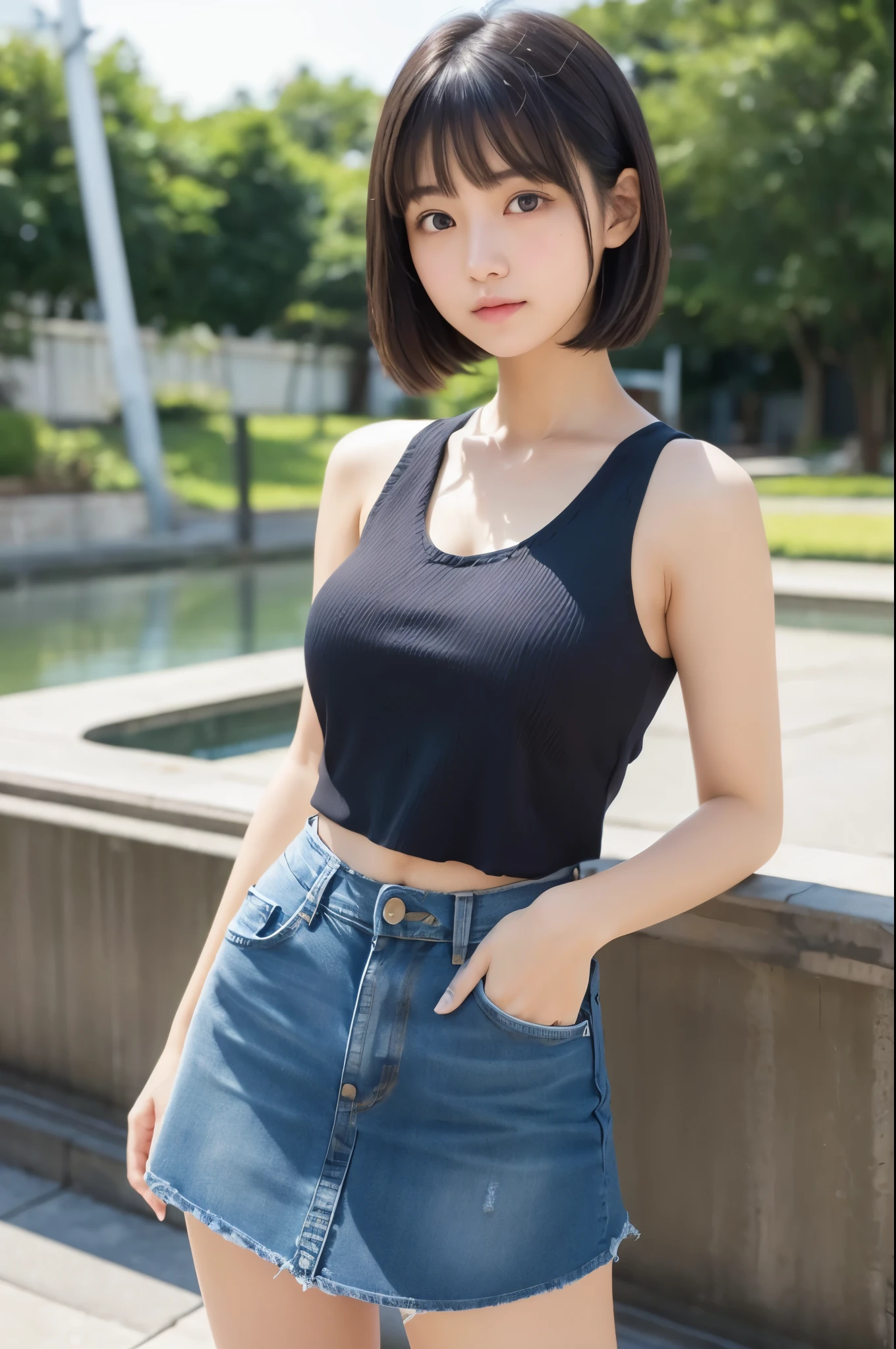 masterpiece, RAW photo, Photo Real, photo Realistic, 1 Japanese Cute girl, 18 years old, A dark-haired, Light bangs, half up, short-hair, round face, Facial expressions to enjoy, View here, full body, ((tank top:1.2)), (denim mini skirt:1.2)),