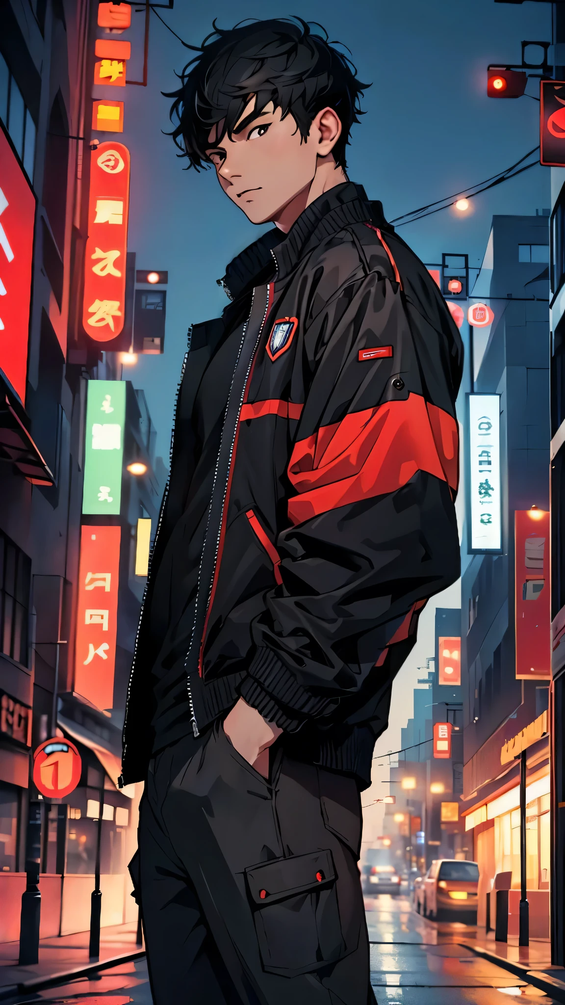 (high quality, 4k, high details), young man in his 20s, black hair, black eyes, short hair, black jacket with red, night, city, artificial ilimination