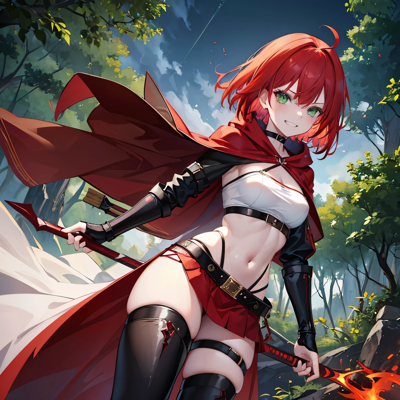 1girl,anime girl,skinny,breast small,standing,villain pose, scarlet red hair,hair scarlet red and crimson red hair, medium hair,ahoge,aqua eyes,green eyes,White skin,smug,happy,grin,tunic,hood,bikini armor,cape,thigh strap,boots, medieval armored boots,skirt,earclip,choker,fingerless gloves,leg belt,Forest Background,Medium Shot,Black,Green,Gray,Brown,forest,Leather Armor,Magic Robe,Man POV,Larissa, Demongirl, Amber eyes, Red Hair, Short, Hair, eyeliner, cuerpo completo, view from afar