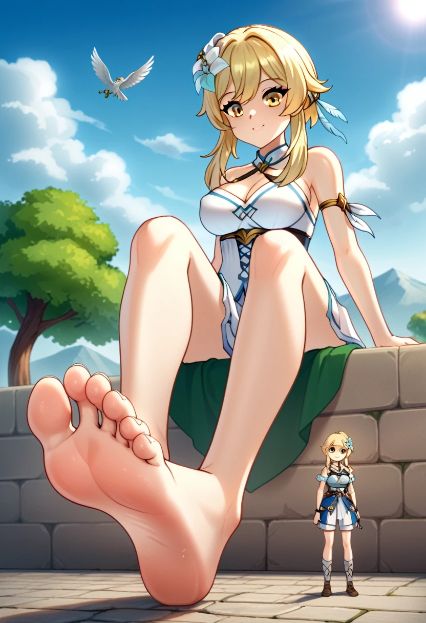 (tiny adventurers in mountains and hills in front of closeup breasts and face of a giantess: 1.5), closeup breasts and face, (from below view: 1.2), (big sized breasts) cleavage, (lumine, bangs, blonde hair, hair ornament, hair between eyes, yellow eyes, flower, hair flower, feather hair ornament,: 1.1), (medieval fantasy: 1.1), nipples, (fantasy outside: 1.1), (very low angle perspective: 1.2), (foot), barefoot, sitting, (tiny army from sky view: 1.1), (tiny army from sky view in front of closeup foot of a giantess: 1.1), (closeup long big foot: 1.4), (anorexic and skinny and tall: 1.2), (stepping on, foot step : 1.1)