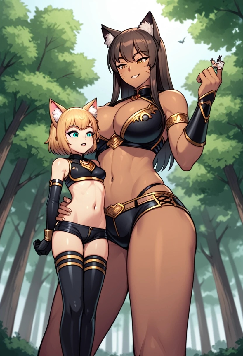 (prettiest age girl), (tall girl with big breasts: 1.2), (brown skinned giantess), (catgirl), :3, armor, gambeson, poor clothing, adventurer clothing , fluffy ears, (very skinny: 1.2), navel, (2girls:1.5), (height_difference:1.8), (size_difference:1.1), (giantess:1.1), a giantess looking down at tiny woman, a giantess hugging a tiny woman, a tiny woman below the breasts of a giantess, forest background, simple background