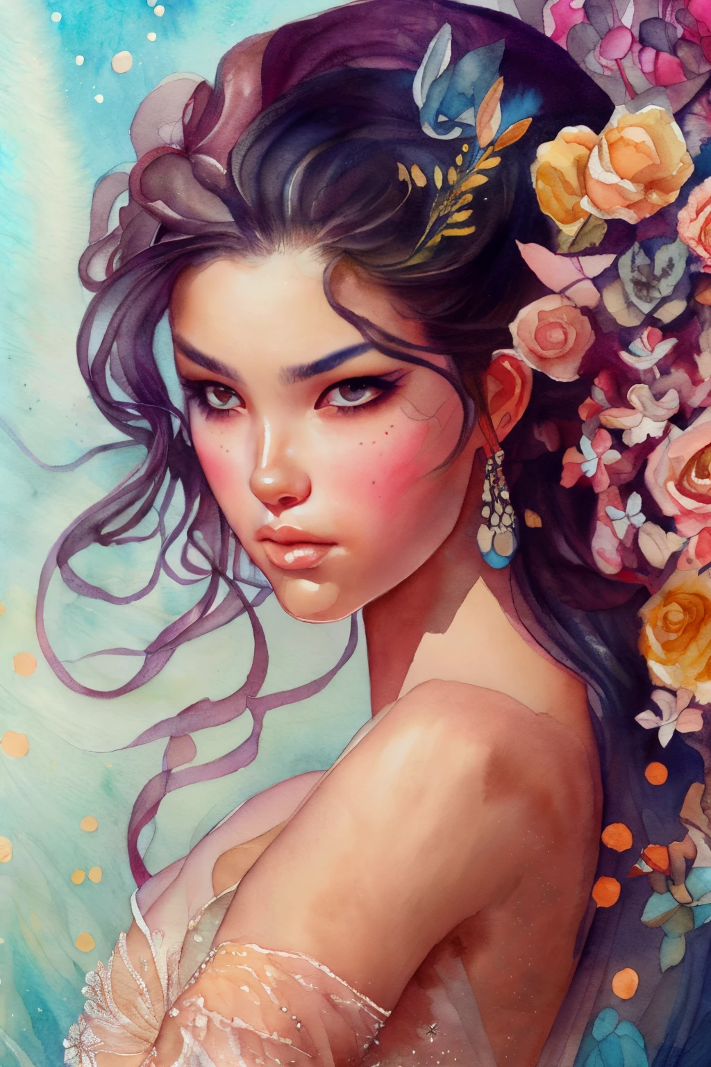 This is a realistic and detailed watercolor fantasy image. Generate a beautiful ethereal woman with beautiful detailed eyes and puffy lips. The woman's face is interesting and perfect, and she is magical and sweet. The aesthetic of the image is sweet watercolor painting. In the trending style of Art Station.