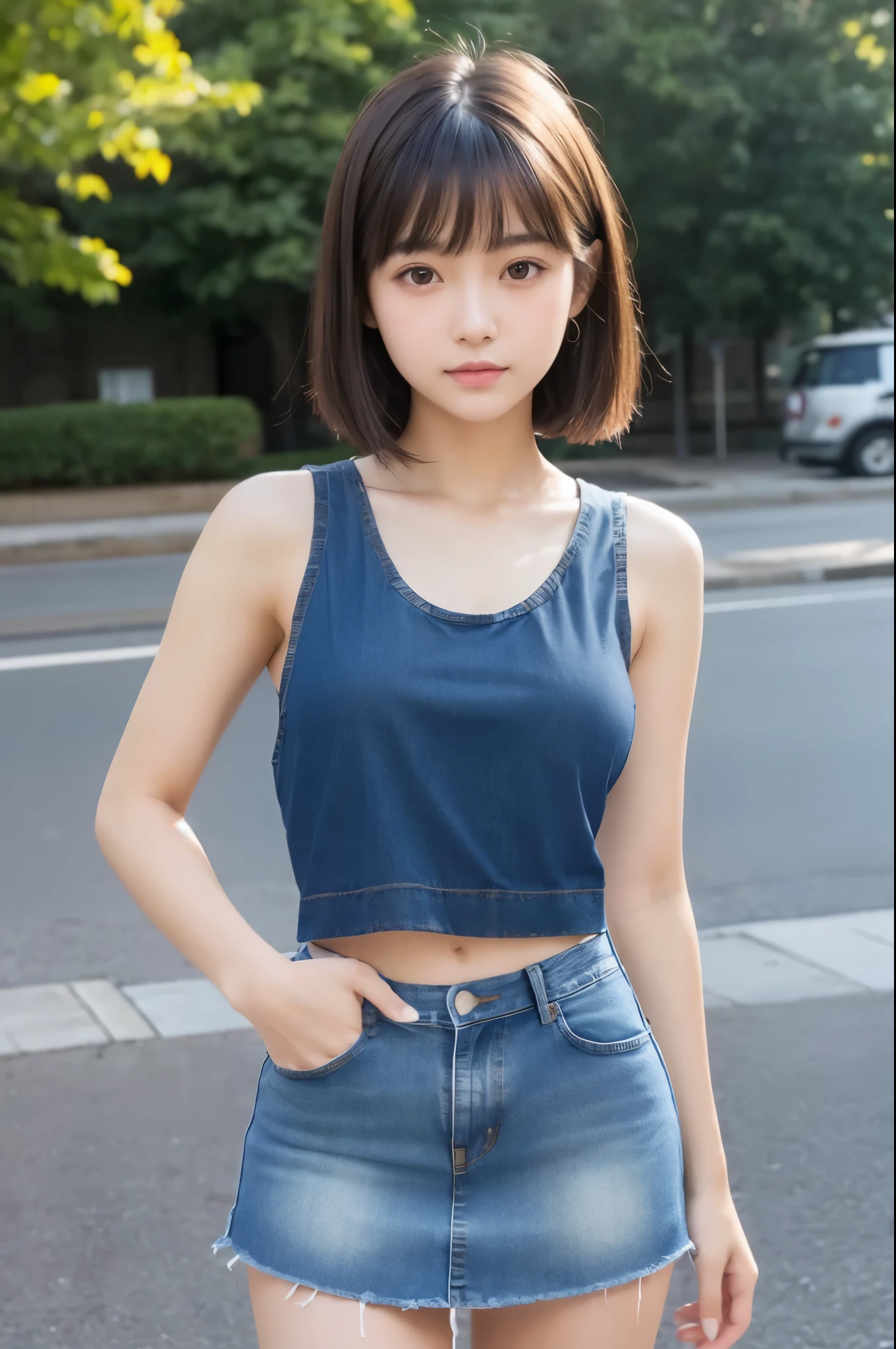 masterpiece, RAW photo, Photo Real, photo Realistic, 1 Japanese Cute girl, 18 years old, A dark-haired, Light bangs, half up, short-hair, round face, Facial expressions to enjoy, View here, full body, ((tank top:1.2)), (denim mini skirt:1.2)),