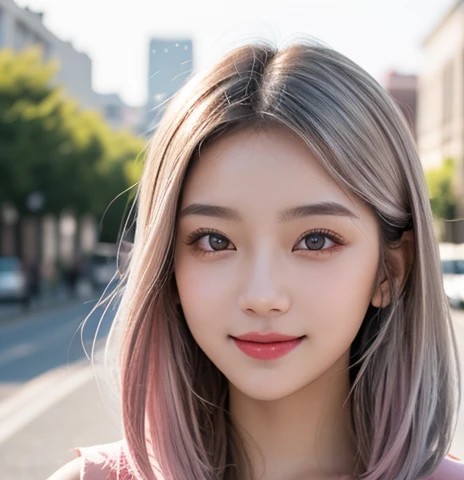 18-year-old、Tabletop, highest quality, figure, Super detailed, In detail, High resolution, 8k wallpaper, Perfect dynamic composition, Beautiful fine details, ,Medium Hair,, Natural color lip, smile、Silver hair with pink gradation at the ends、Street Snap、Silver Eyes