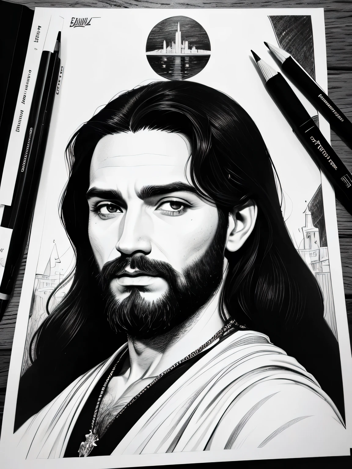 Figura de jesus cristo,barba, cabelo comprindo, cruz no fundo, de vestido,montanha , sua arte em linha fina, Comic style, retrato, Bela arte de linha, black and white estilo , pencil and ink drawing, black and white coloring