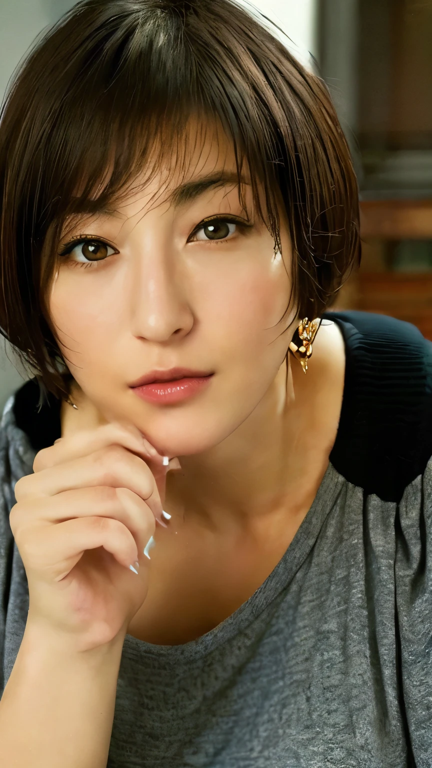 (masterpiece:1.3), (8k, Photorealistic, Raw photo, Best image quality: 1.4), Japanese, (One Girl),(((Burstingly Big Breasts)))、Detailed finger depiction、Describe above the knee、 Beautiful Face, (A vivid face), (short hair:1.3), Beautiful Hairstyles, Realistic eyes, Beautiful Eyes, (Realistic Skin), Beautiful Skin, attractive, 超A high resolution, Surreal, High definition, Golden Ratio, Detail Makeup,Seeing the viewer,gigantic breast,Tight abdomen、Oversized off-the-shoulder T-shirt、Shy、