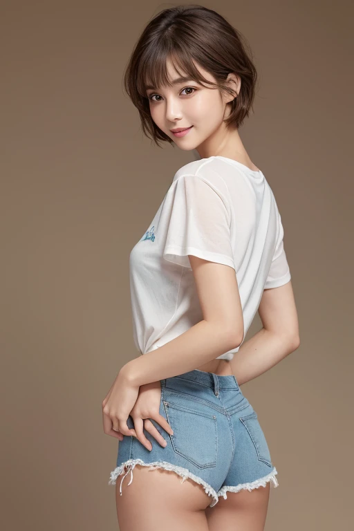 ((highest quality、Best image quality、Ultra-high resolution、Ultra-high definition drawing、alone、Look closely at the camera))、1 girl、Realistic、Written boundary depth、Natural soft light、Etiechi, constricted body, 30 years old, Beautiful and detailed, Short Bob Hair, highest quality, masterpiece, Layered Bob Hair, Moist eyes, Pixie Cut, Great pose, Brown eyes, smile, Perfect Fingers、Perfect hands、Perfect body、Perfect Face, Perfect Anatomy, Glossy lips, Natural Makeup, Small Ass, Professional Lighting, Cowboy Shot, Simple Background, Brown eyes, Bright colors, Bright room, Summer, T-Shirts, Shorts,
