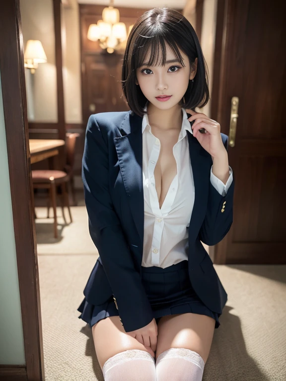 (8k, Raw photo, highest quality, masterpiece:1.2), masterpiece, highest quality, figure, Very detailed, Fine details, High resolution, 8k,wallpaper, Perfect dynamic composition,(Detailed high quality, Realistic depiction of eyes:1.3), ((2 girls, 2 high school girls)), The background is a room in a luxury hotel、 uniform、blazer 、Super Short Check Uniform Skirt、Navy blue knee-high socks、garter belt、huge 、Disheveled uniform, Play with each other,Touching each other's bodies,Touching the body of the girl next door, Short Bob Hair, Black hair color, hugeな胸, Big Natural Color Lip, Bold sexy pose, (Perfect figure), Crying a little、Cold Stare,  Beautiful Makeup,Glitter makeup,The cutest 18 year old, Beautiful feet, Gravure idol pose, Voluptuous thighs