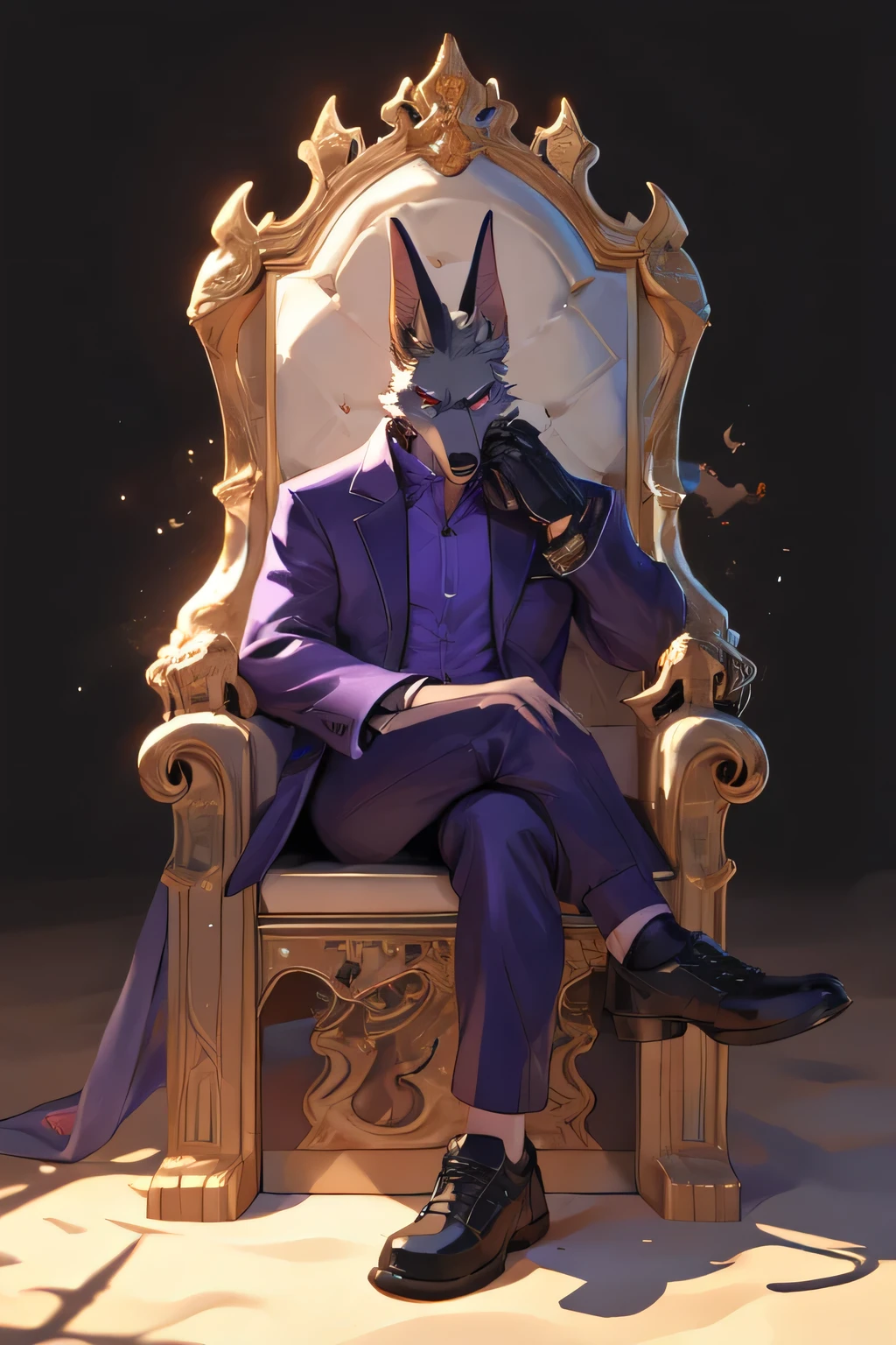 male anthro jackal, sitting in an throne with crossed legs, solo, serious expression, angry expression, serious look, black and white spectator shoes, grey body, grey fur, orange gloves, purple clothing, purple coat, purple pants, purple suit, purple topwear, red eyes, white shirt, perfect face, larger male, fur coat, sand powers, sander from dislyte,