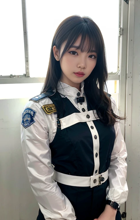 Best image quality, Excellent details, Ultra-high resolution, (realism: 1.4), Best illustrations, Favorite Details, Very condensed one girl, Delicate and beautiful features, ((Cowboy Shot)), (I like wearing a warm racing suit and a police uniform., Black and grey mech, Military Harness, Has a machine gun), Background Gray wall,