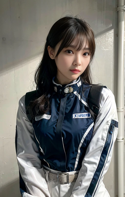 Best image quality, Excellent details, Ultra-high resolution, (realism: 1.4), Best illustrations, Favorite Details, Very condensed one girl, Delicate and beautiful features, ((Cowboy Shot)), (I like wearing a warm racing suit and a police uniform., Black and grey mech, Military Harness, Has a machine gun), Background Gray wall,