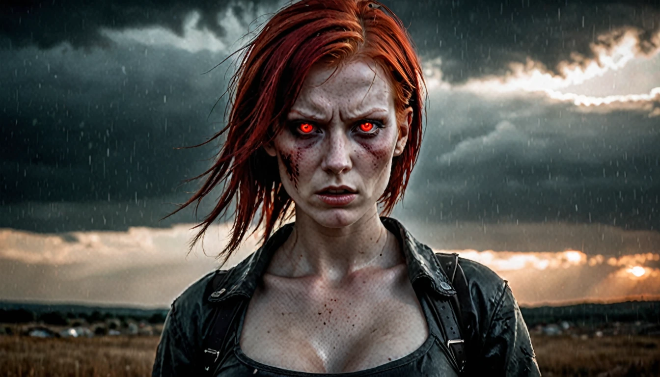 a beautiful woman with scarlet red hair and white skin, glowing, punishing, goddess-like, 1girl, detailed face, piercing eyes, sharp cheekbones, dramatic lighting, ethereal, moody, dramatic, dark and gritty, cinematic, horror, silent hill, post-apocalyptic, dramatic clouds, glowing red eyes, angry expression, powerful, intense, (best quality,4k,8k,highres,masterpiece:1.2),ultra-detailed,(realistic,photorealistic,photo-realistic:1.37),dramatic lighting,cinematic composition